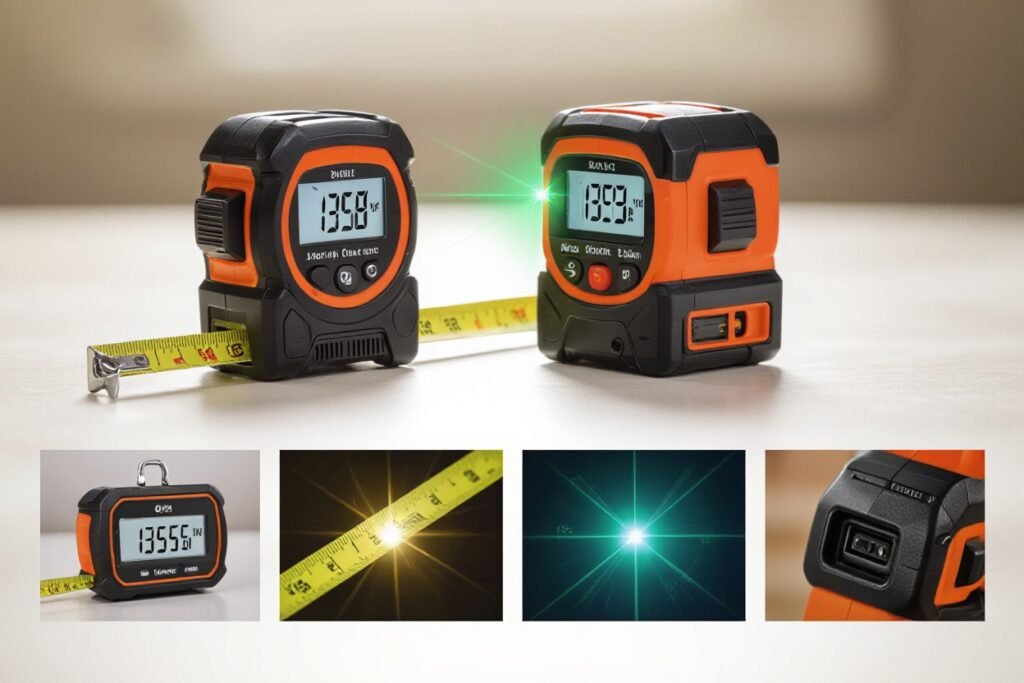 PREXISO 2-in-1 Laser Tape Measure displaying digital measurements and laser functionality, highlighting Bluetooth connectivity and versatility for accurate project measurements.