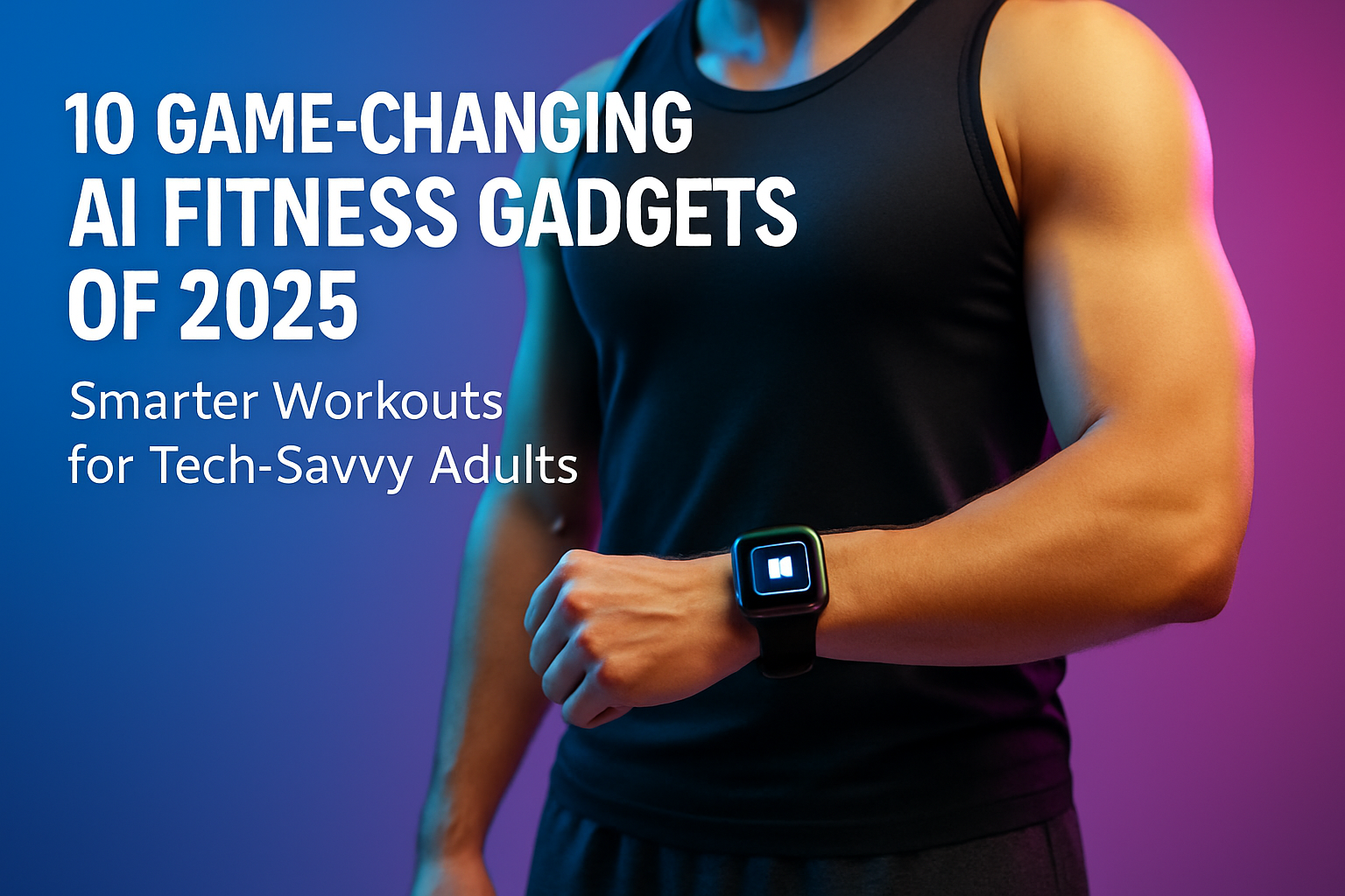 Person in a black tank top showcasing a smartwatch with AI fitness capabilities, emphasizing the theme of smarter workouts for tech-savvy adults in 2025.