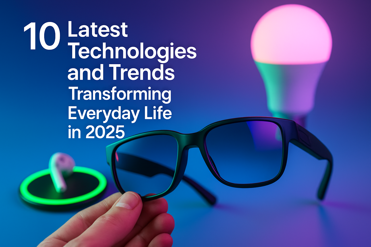 10 latest technologies and trends transforming everyday life in 2025, featuring smart glasses, wireless earbuds, and a smart light bulb against a vibrant blue and purple background.
