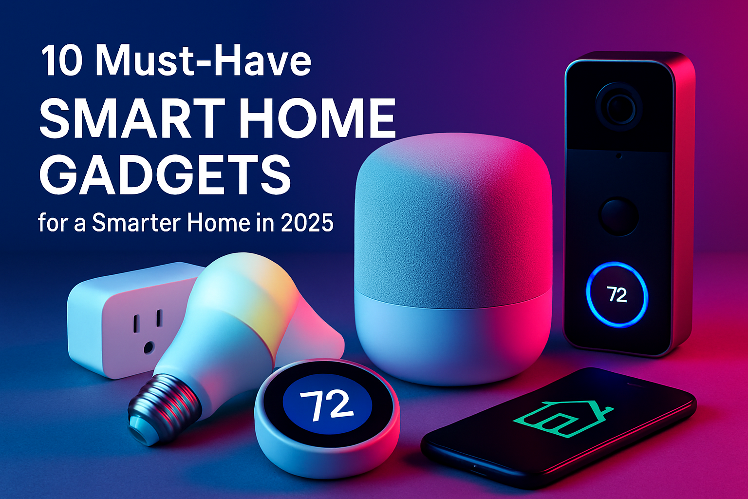 10 must-have smart home gadgets including a smart speaker, smart thermostat, smart bulb, and smart plug, showcasing modern home automation for 2025.