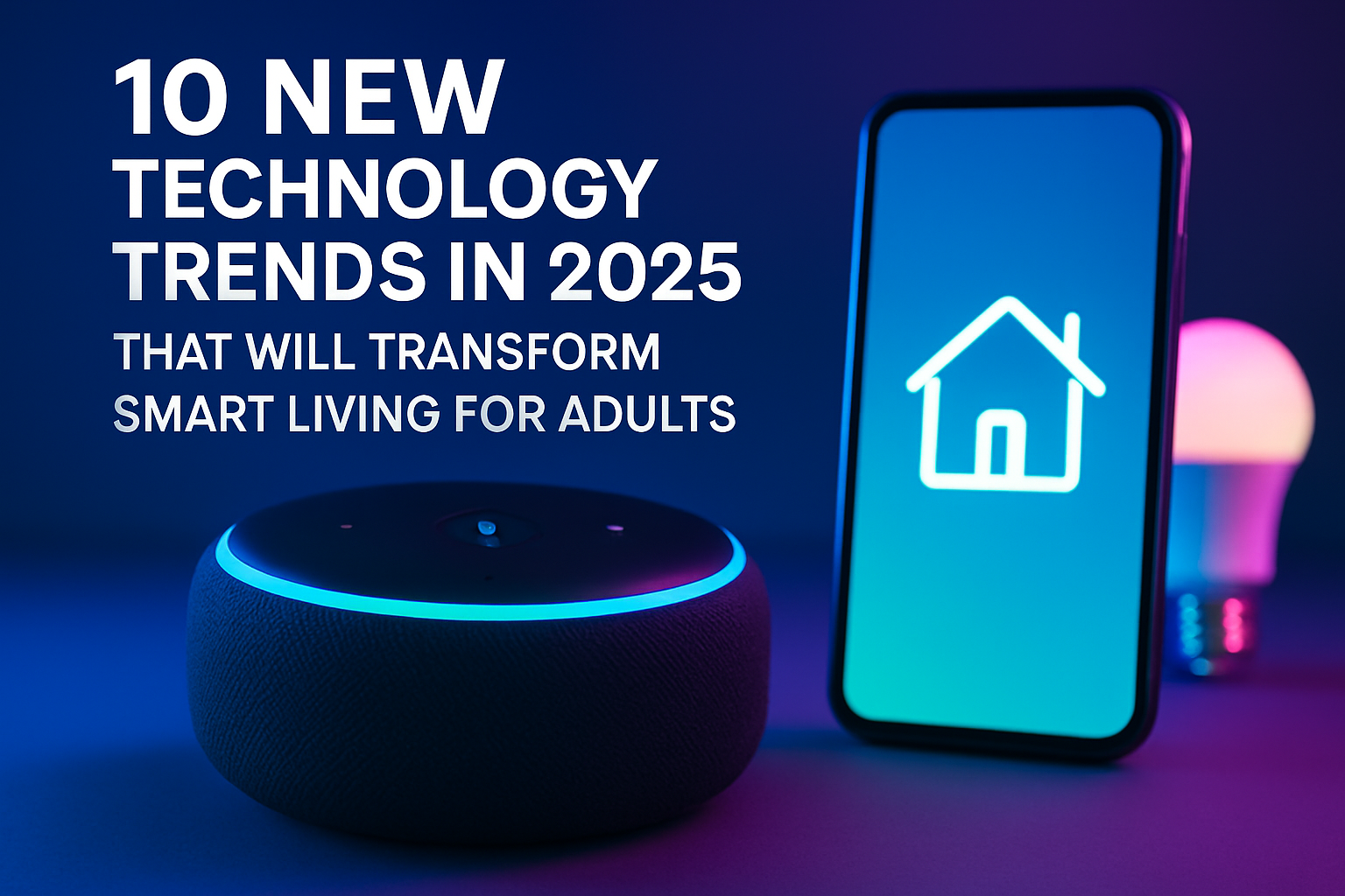 Smart speaker and smartphone displaying home icon, highlighting 2025 technology trends for smart living for adults.