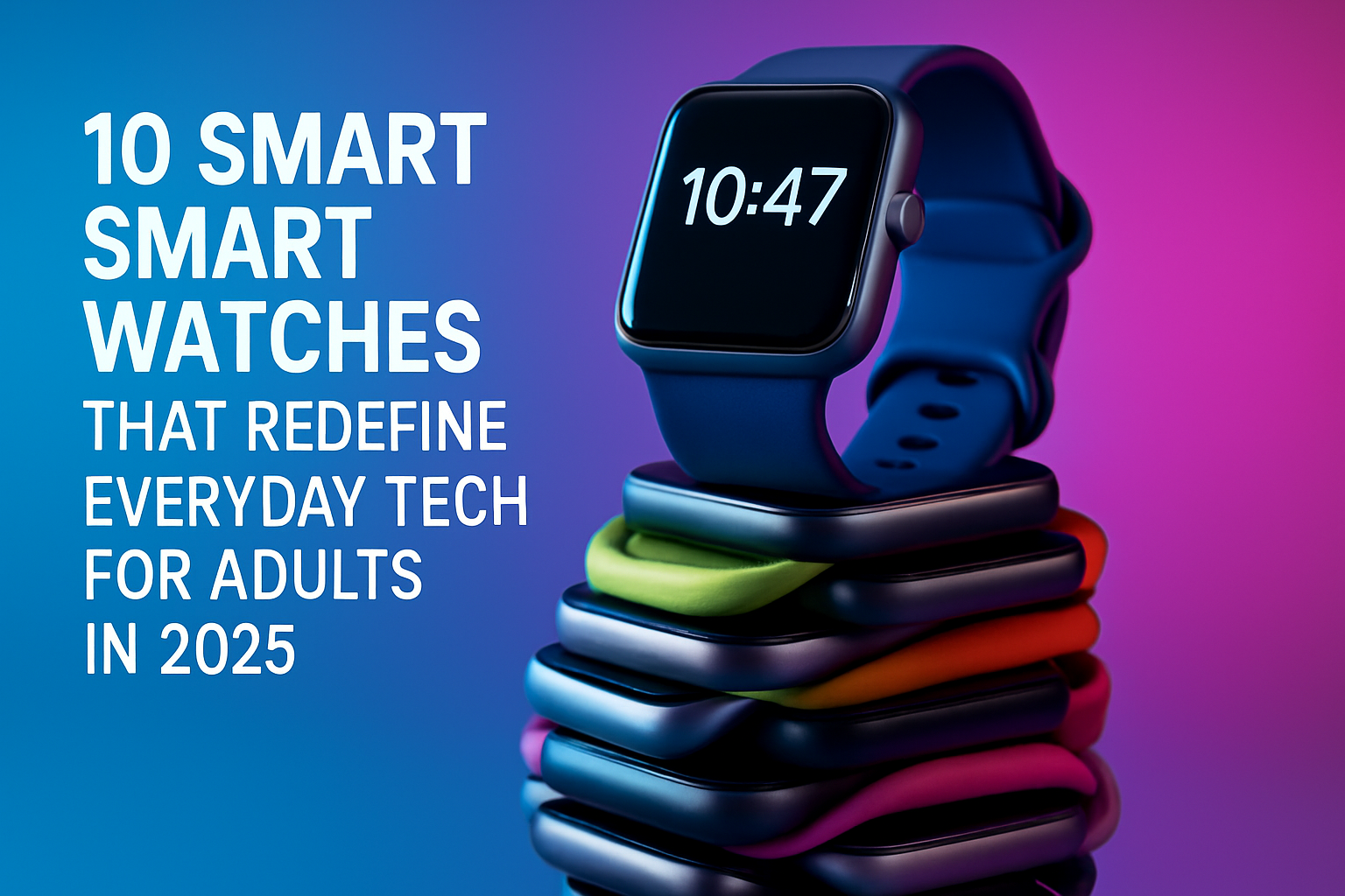 10 smart smartwatches stacked, showcasing vibrant colors and modern design, emphasizing everyday tech innovation for adults in 2025.