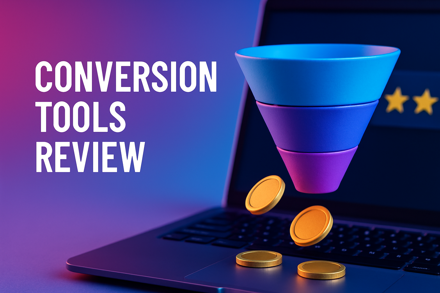 Colorful funnel graphic with coins, representing conversion tools review for smart home technology and gadgets.