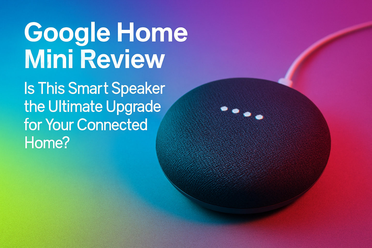 Google Home Mini smart speaker on a colorful gradient background, featured in a review discussing its potential as an upgrade for connected home systems.