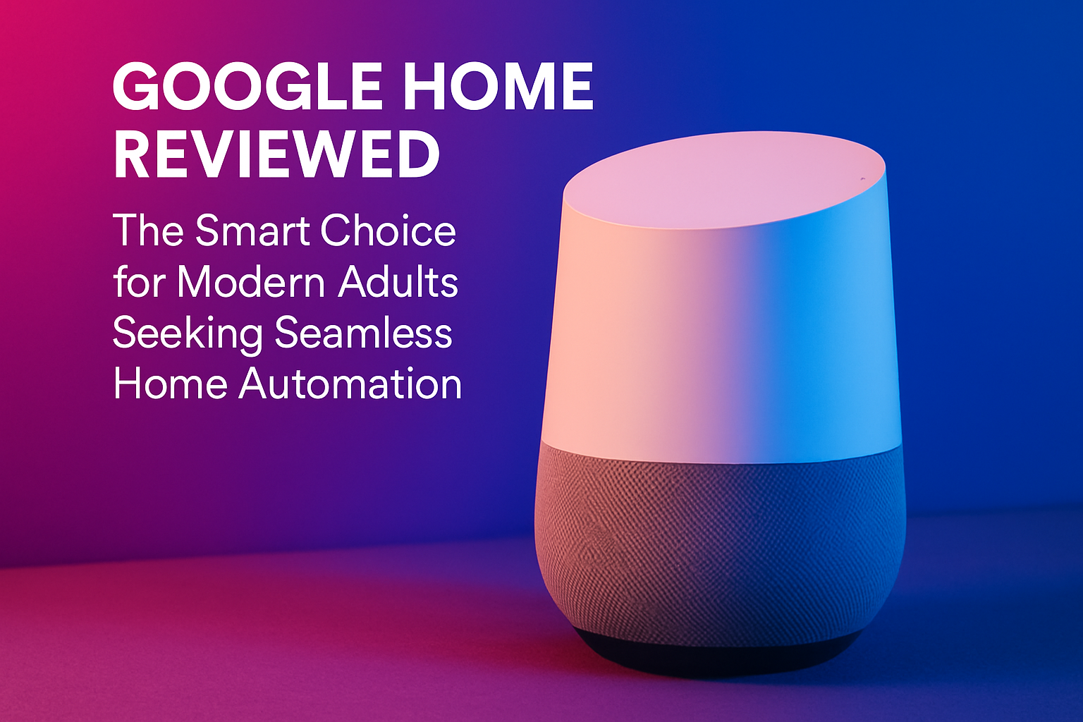 Google Home smart speaker with colorful gradient background, highlighted as the choice for modern adults seeking seamless home automation.