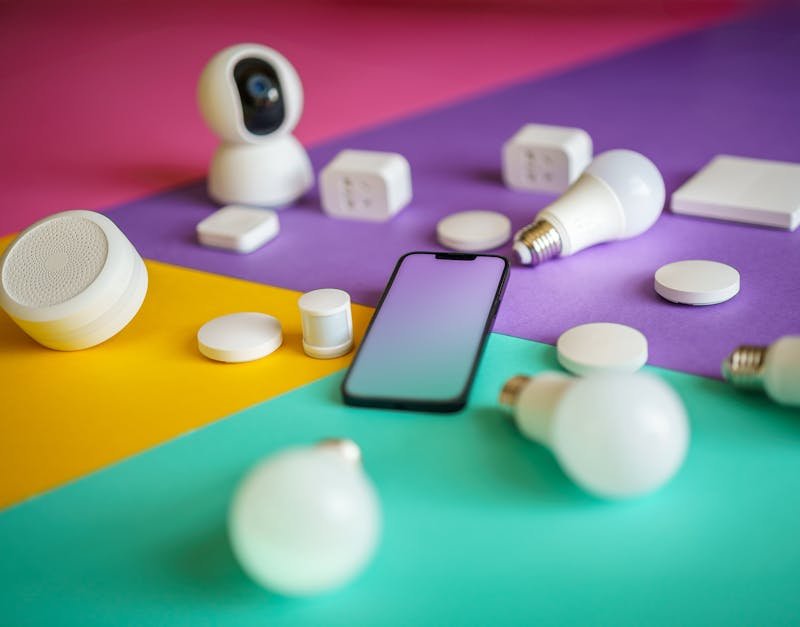 Smartphone surrounded by smart home devices including security camera, smart plugs, light bulbs, and speakers on colorful background, representing modern home technology solutions.
