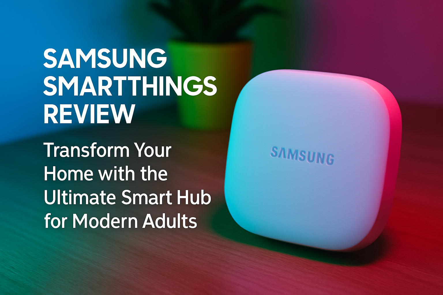 Samsung SmartThings Hub showcasing smart home automation features, vibrant lighting effects, and modern design, emphasizing transformation for contemporary living.