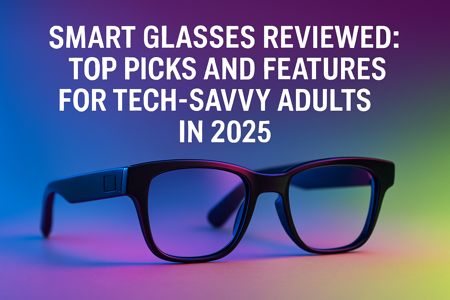 Smart glasses on a colorful gradient background highlighting features for tech-savvy adults in 2025, relevant to high-tech gadget reviews.