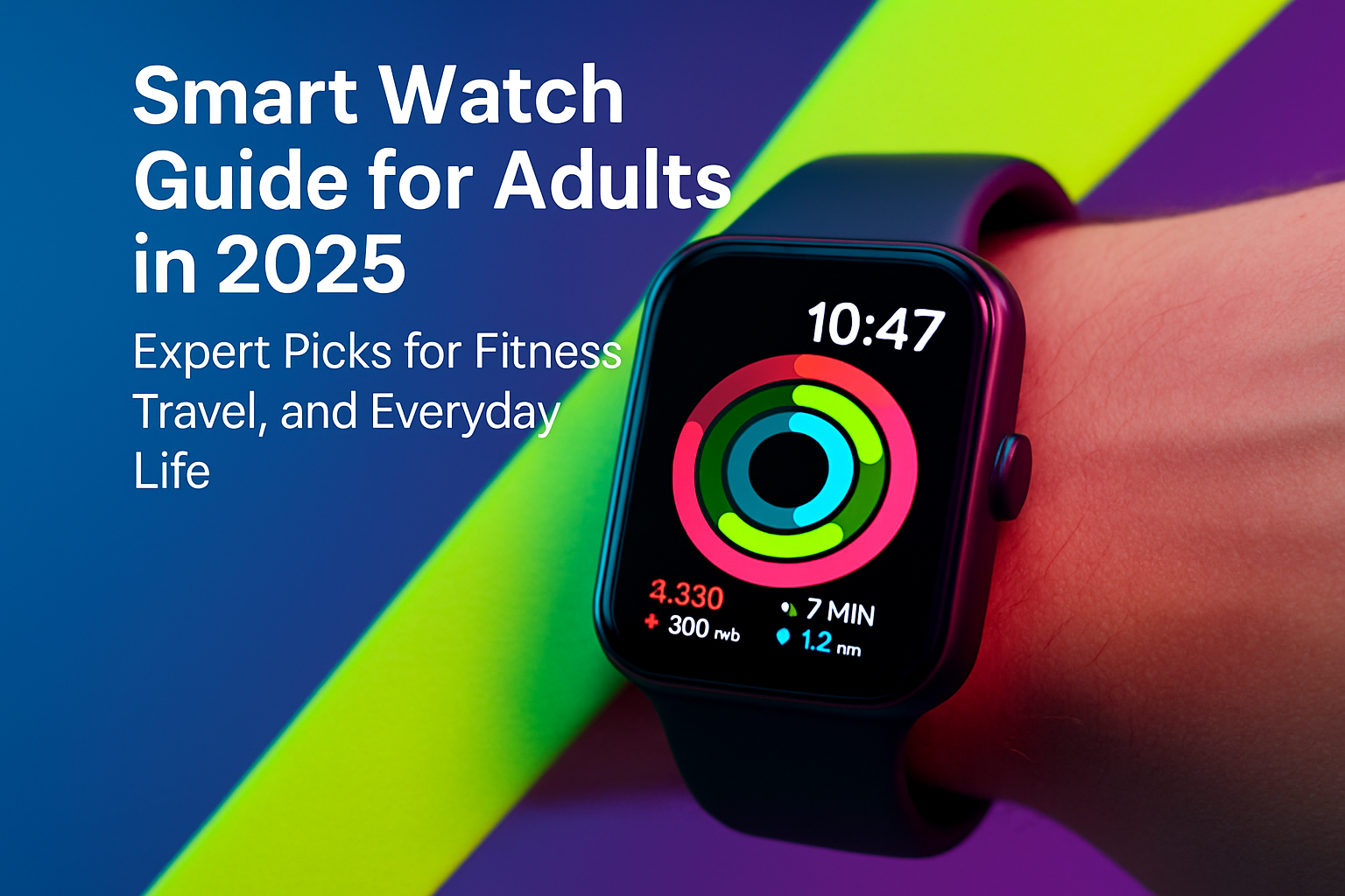 Smartwatch displaying fitness metrics and time, highlighting expert picks for adults in 2025 for travel and everyday life.