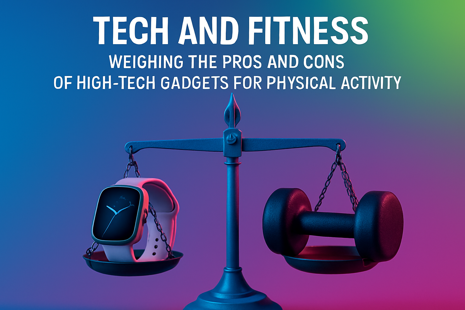 Tech and fitness balance scale featuring a smartwatch and dumbbell, illustrating the pros and cons of high-tech gadgets for physical activity.
