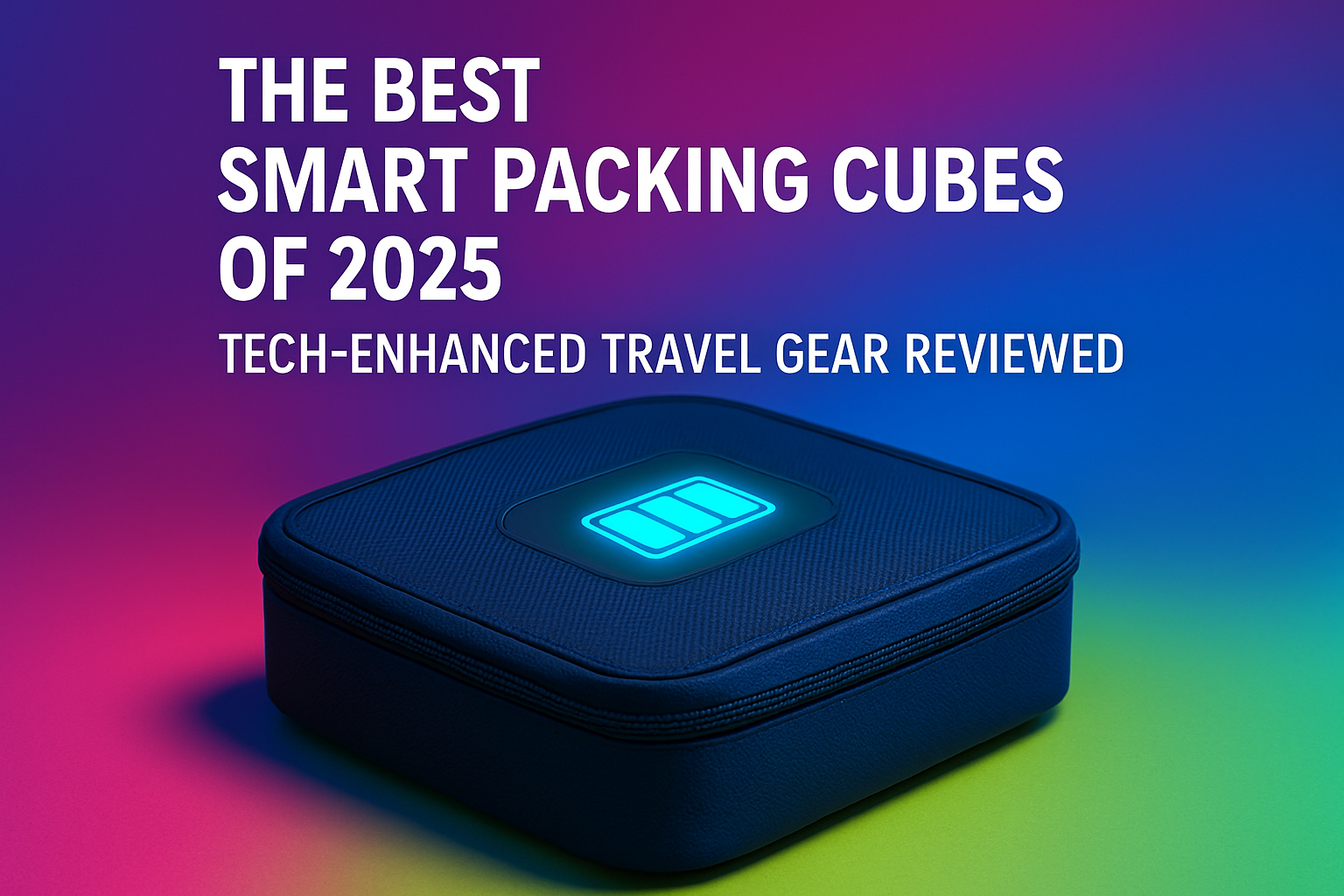 Smart packing cube with illuminated design, featuring a tech-enhanced aesthetic, highlighted against a gradient background, representing innovative travel gear for 2025.