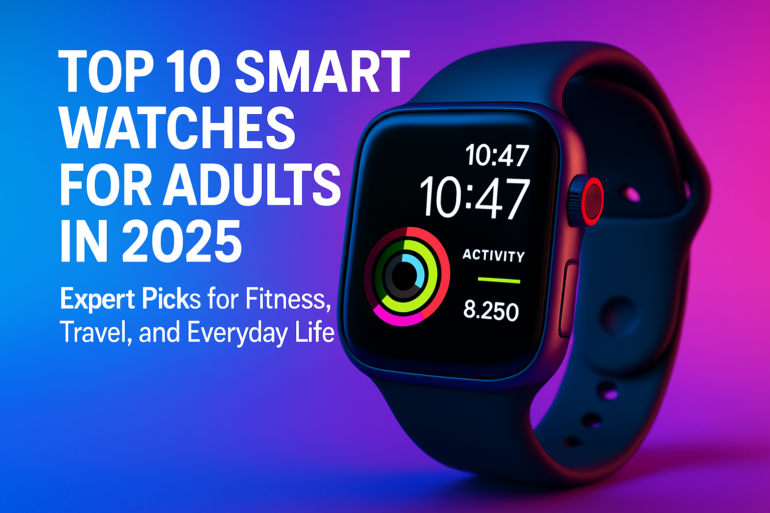 Top 10 smart watches for adults in 2025 featuring fitness, travel, and everyday life metrics displayed on a colorful smartwatch screen.