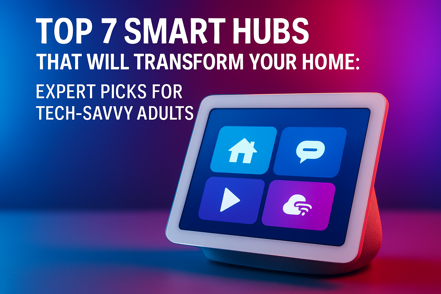 Smart home hub with touchscreen display featuring icons for home automation, messaging, and media, highlighted in a vibrant blue and purple gradient, representing top smart hubs for tech-savvy adults.