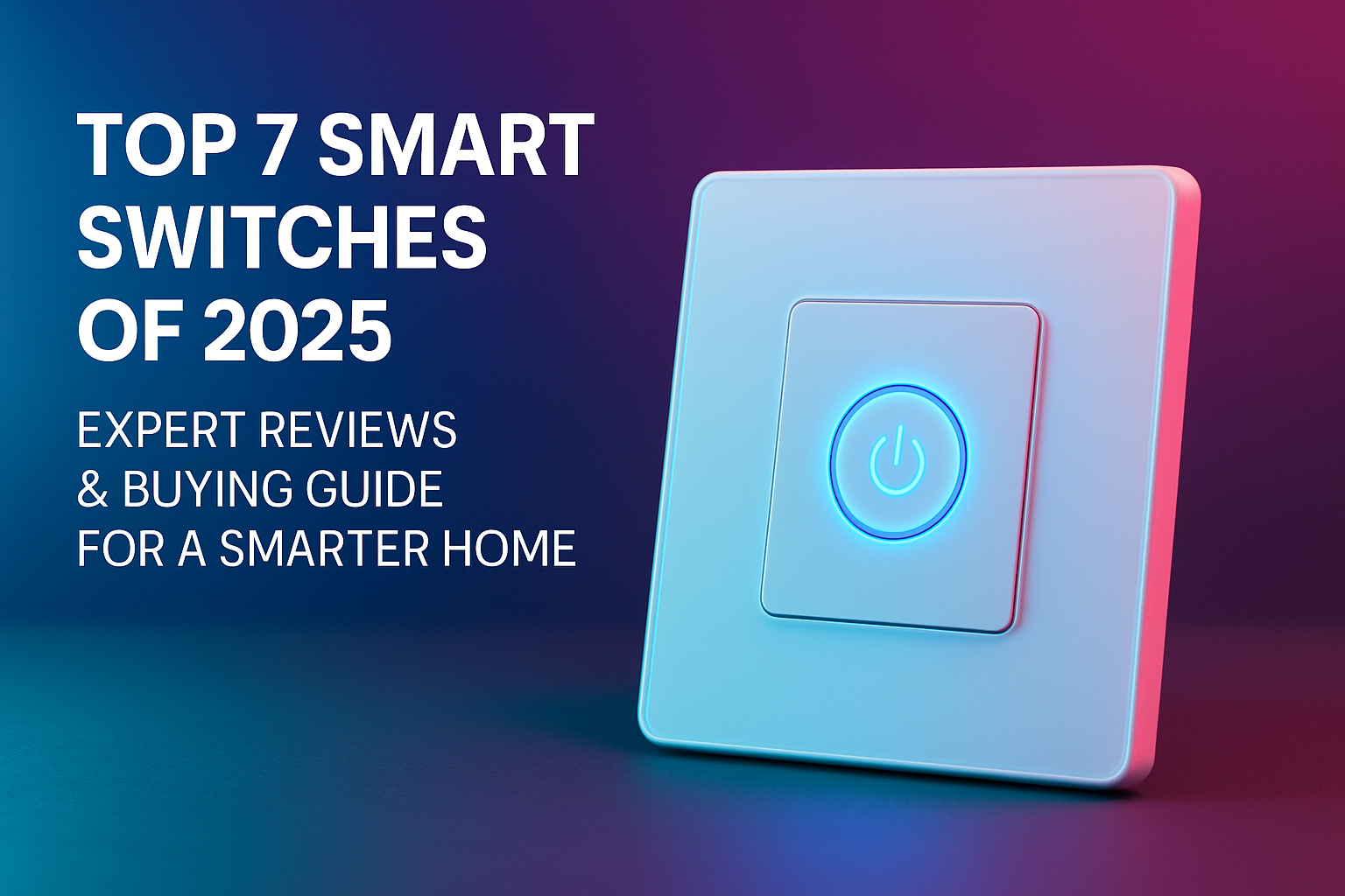 Top 7 smart switches of 2025 with glowing power button, highlighting expert reviews and buying guide for smarter home solutions.