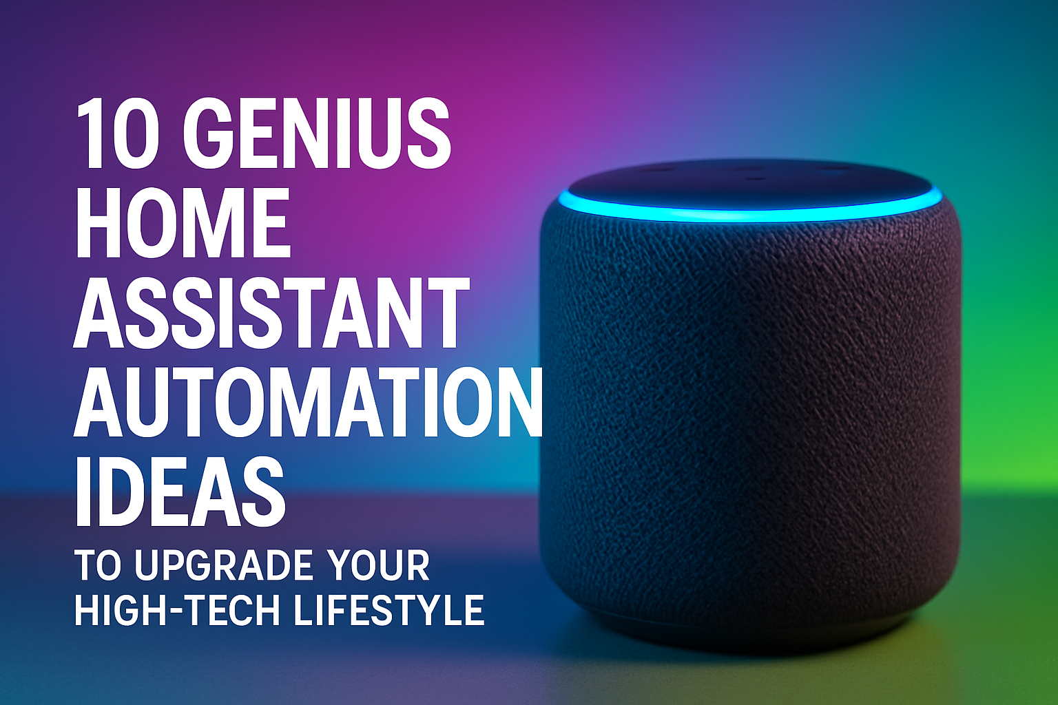 Home assistant speaker with illuminated top, featuring text overlay about automation ideas to enhance high-tech lifestyle.