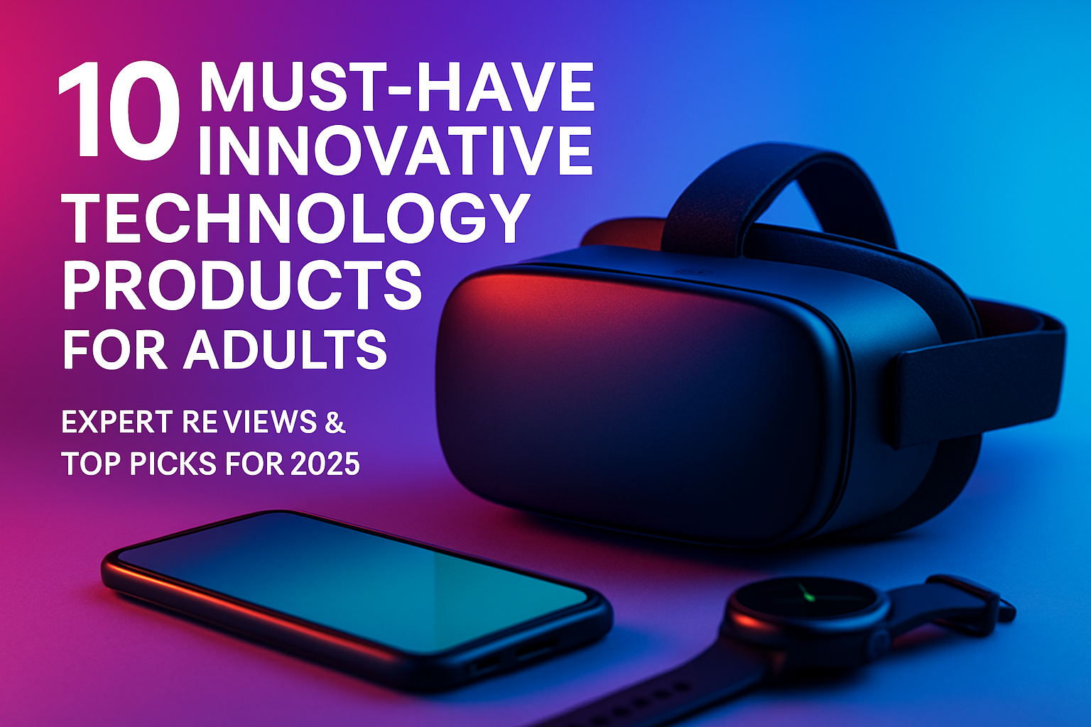 10 must-have innovative technology products for adults, featuring a virtual reality headset, smartphone, and smartwatch against a vibrant gradient background, highlighting expert reviews and top picks for 2025.