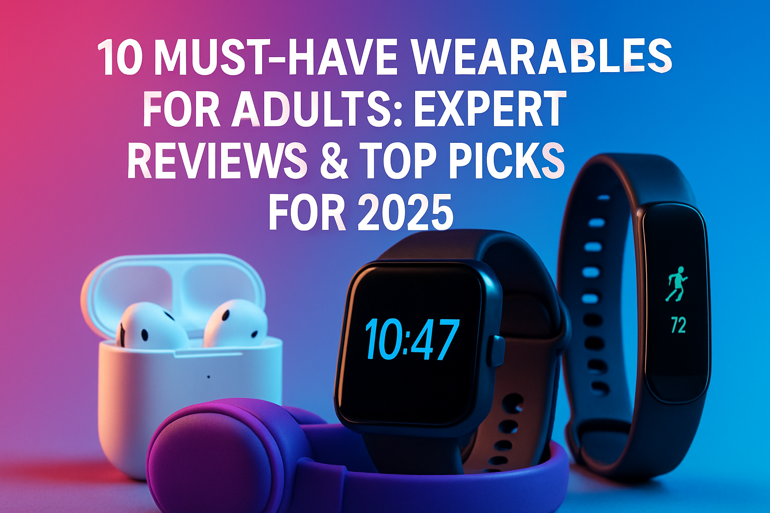 10 must-have wearable gadgets for adults, featuring smartwatches, fitness trackers, and wireless earbuds, highlighted with vibrant colors and digital displays.