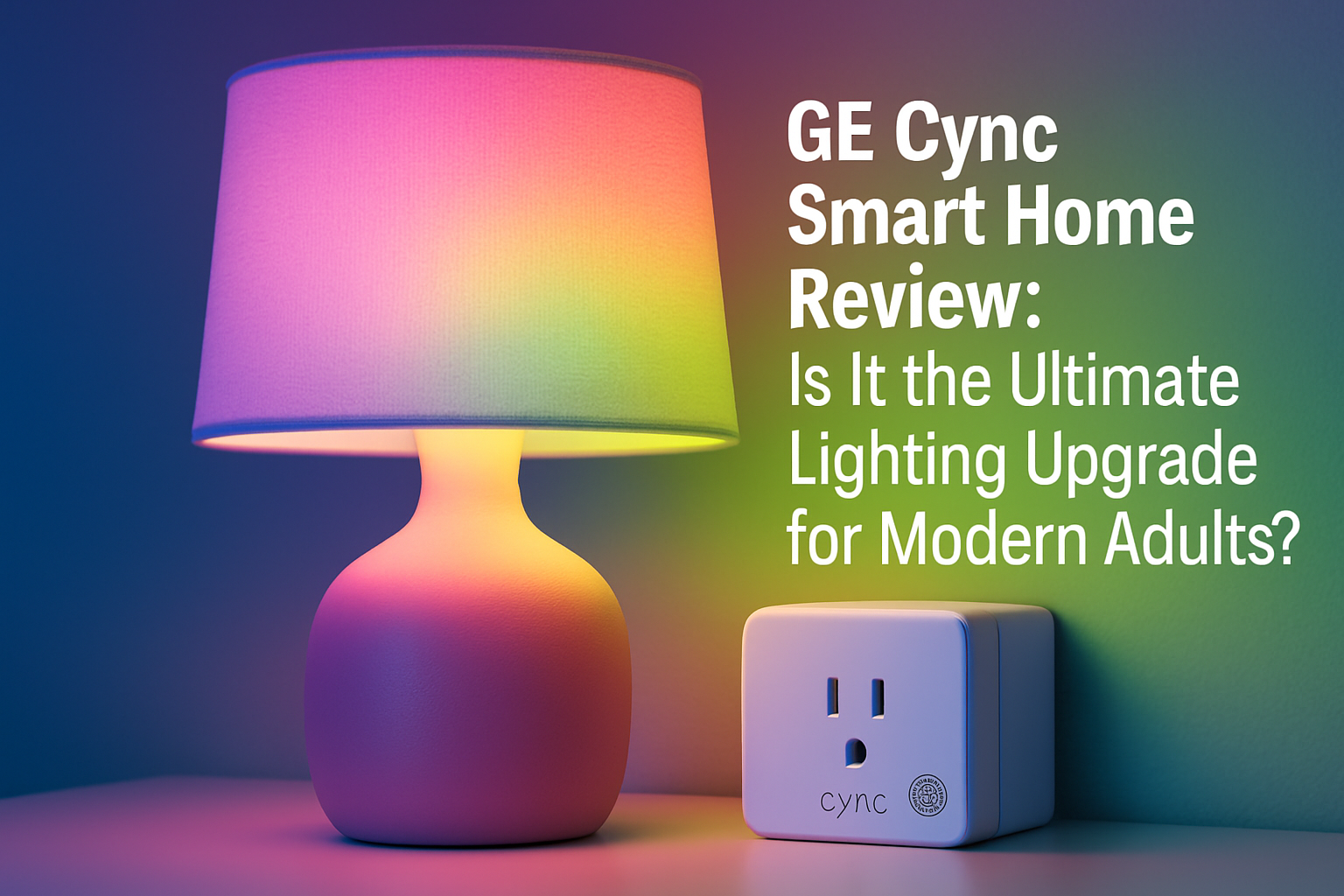 GE Cync smart lamp with colorful lighting and smart plug, illustrating modern lighting solutions for smart homes.