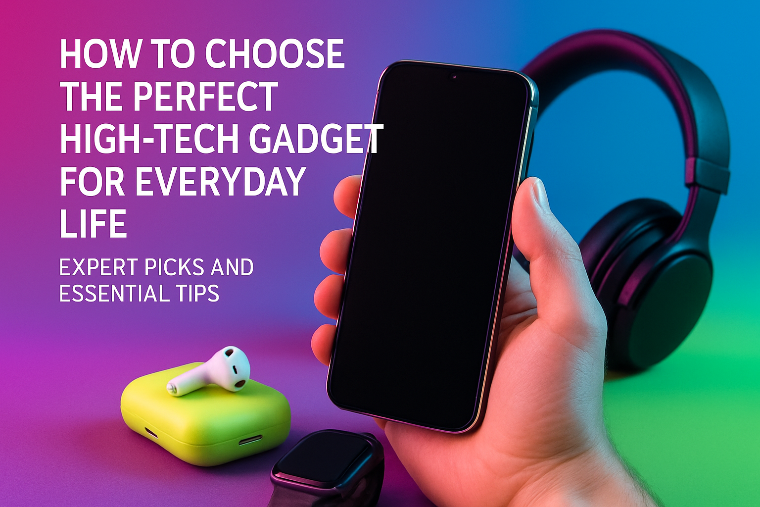 Hand holding smartphone with wireless earbuds and smartwatch on colorful background, illustrating expert tips for choosing high-tech gadgets for everyday life.