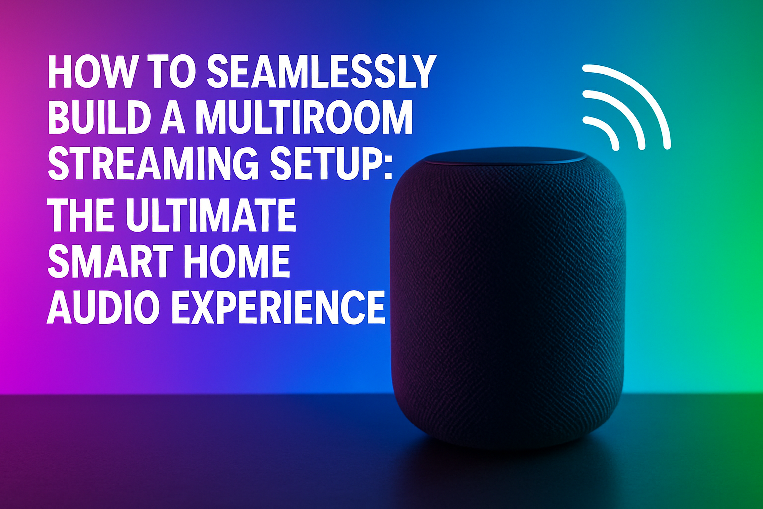 Smart speaker against a colorful gradient background, featuring text about building a multiroom streaming setup for an ultimate smart home audio experience.