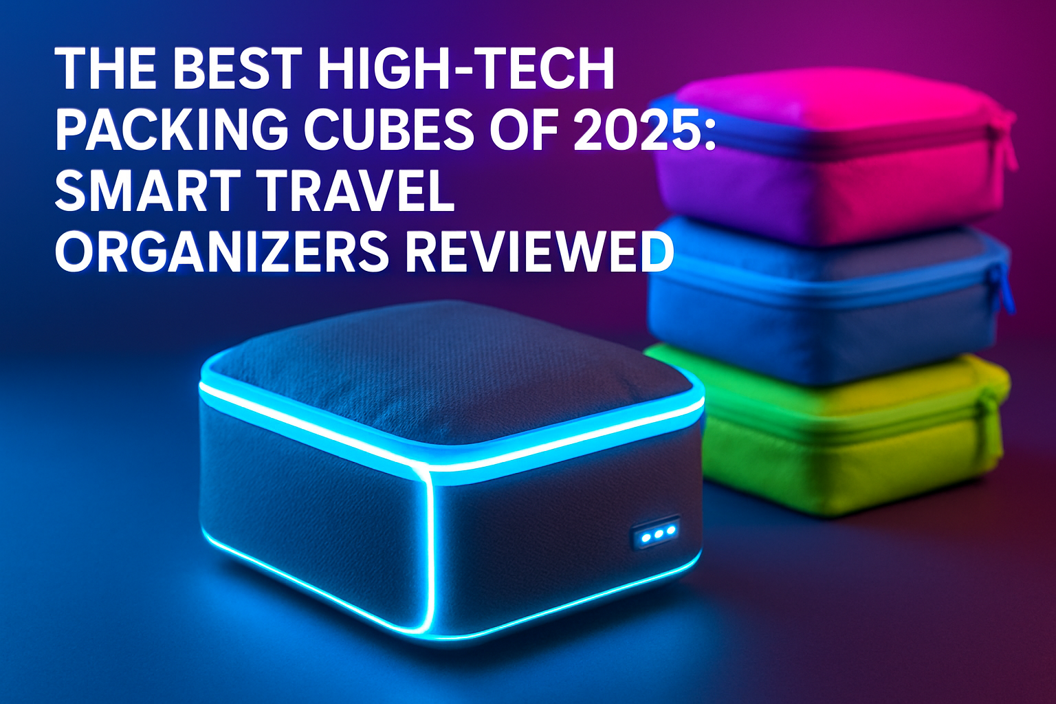 High-tech packing cubes with glowing edges, showcasing smart travel organizers for 2025, reviewed for optimal travel efficiency.