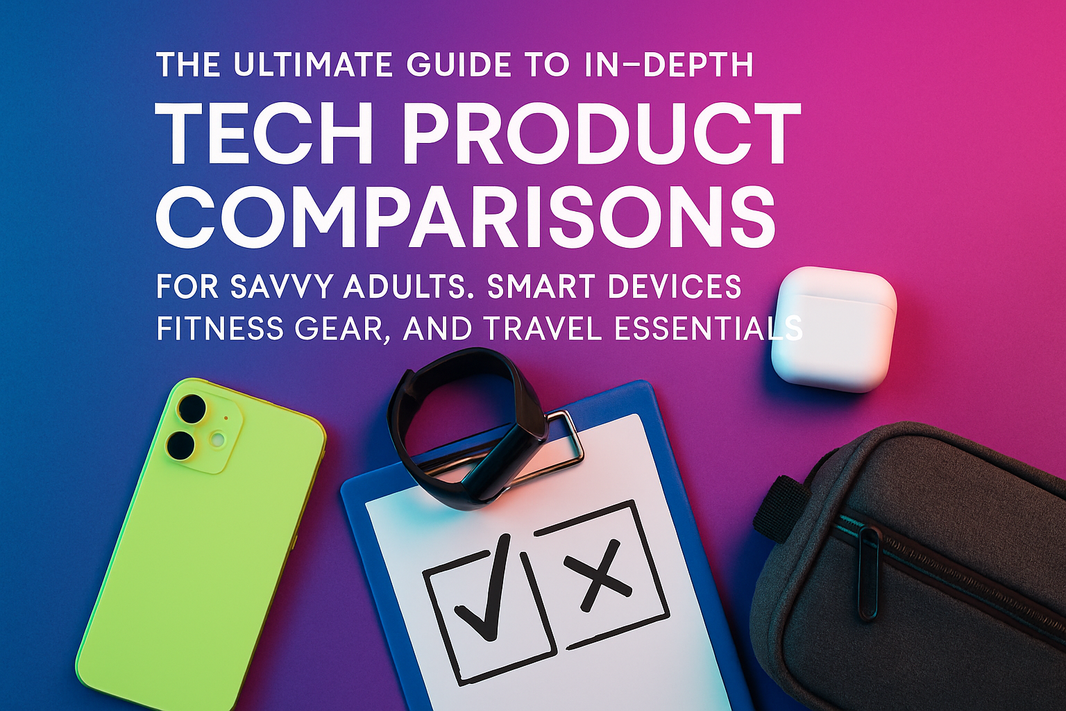 Smartphone, fitness tracker, checklist with checkmark, and travel pouch on vibrant background, representing tech product comparisons for savvy adults.