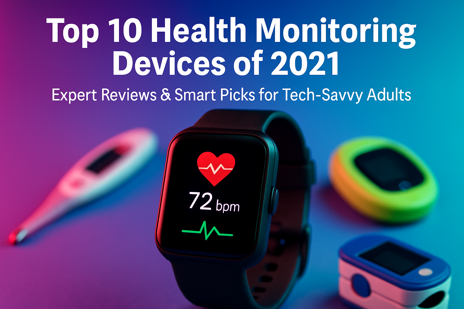 Top 10 health monitoring devices of 2021, featuring smartwatch displaying heart rate and bpm, alongside various health gadgets like thermometers and fitness trackers, emphasizing tech-savvy adult wellness.