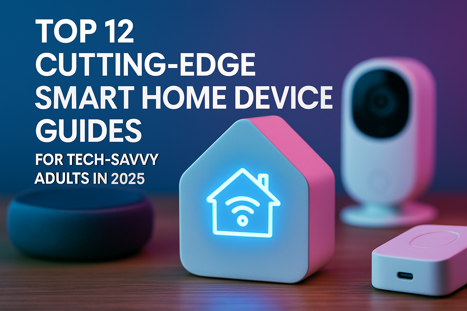 Top 12 cutting-edge smart home device guides for tech-savvy adults in 2025, featuring illuminated home icon and various smart devices.