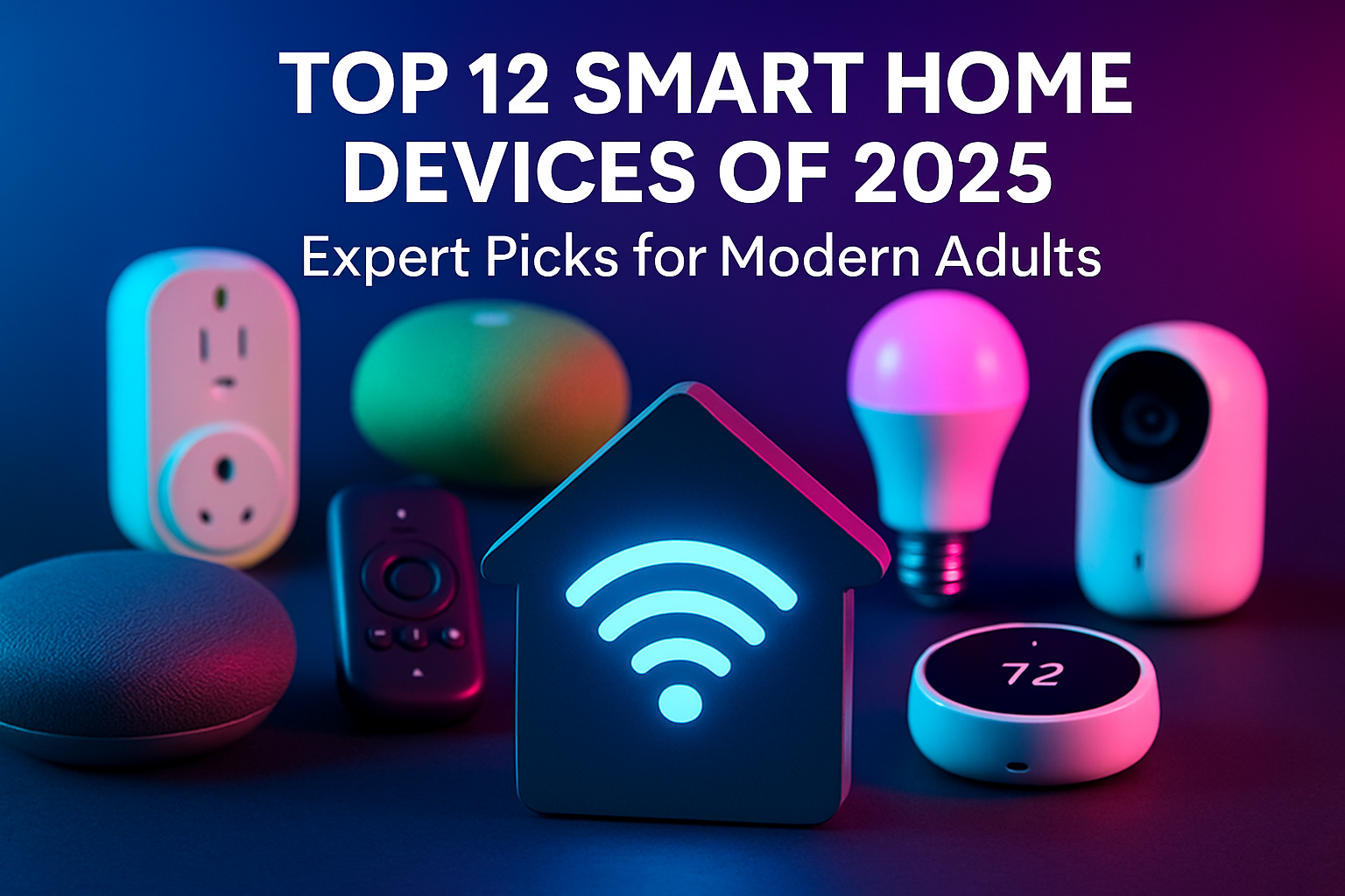 Top 12 smart home devices of 2025 featuring a glowing Wi-Fi symbol in a house shape, smart speakers, a remote, a light bulb, and a security camera, emphasizing expert picks for modern adults.