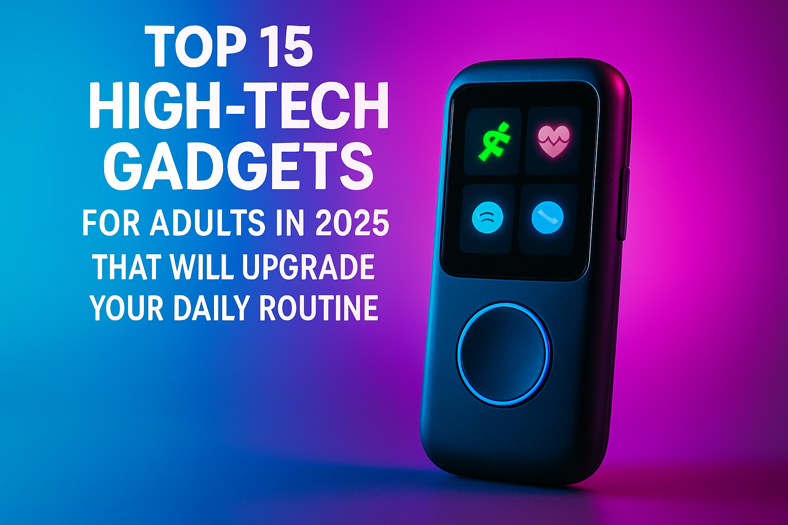 Top 15 high-tech gadgets for adults in 2025, featuring a sleek device with four icons on a vibrant blue and purple background, emphasizing innovation to upgrade daily routines.