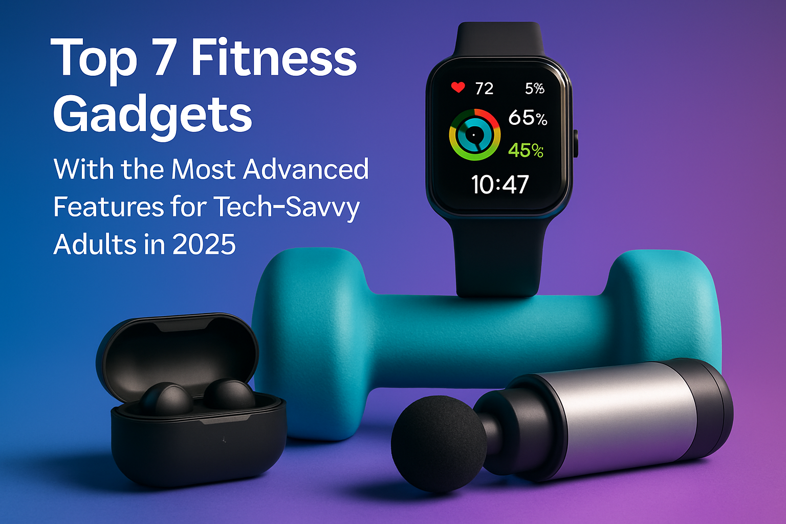 Top 7 fitness gadgets for 2025 featuring a smartwatch displaying health metrics, a teal dumbbell, wireless earbuds in a case, and a massage gun, illustrating advanced technology for tech-savvy adults.