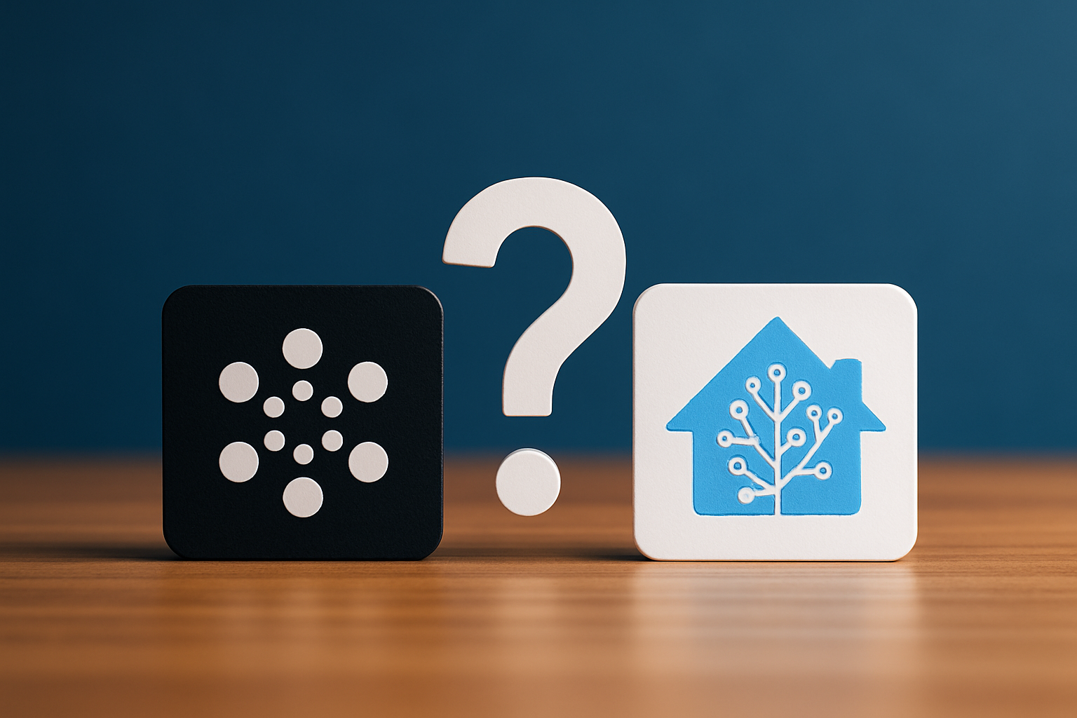 Smart home technology icons featuring a question mark, symbolizing inquiries about SmartThings and Home Assistant integration, on a wooden surface with a blue background.