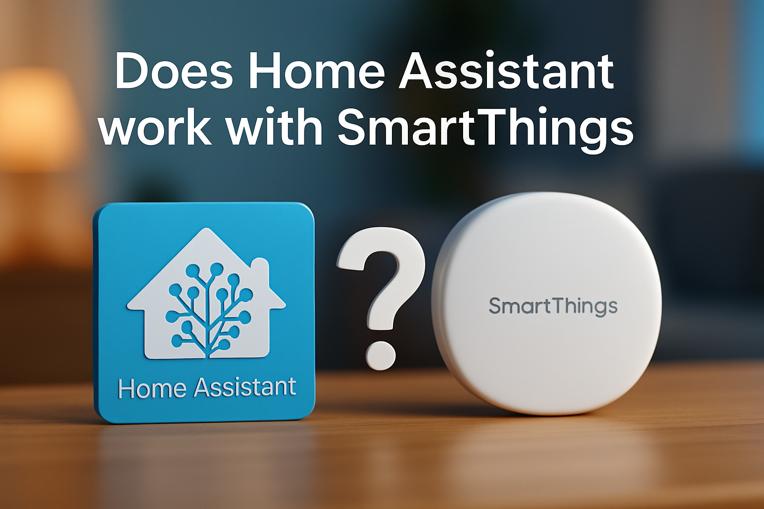 Home Assistant logo next to SmartThings device with a question mark, illustrating compatibility inquiry for smart home integration.