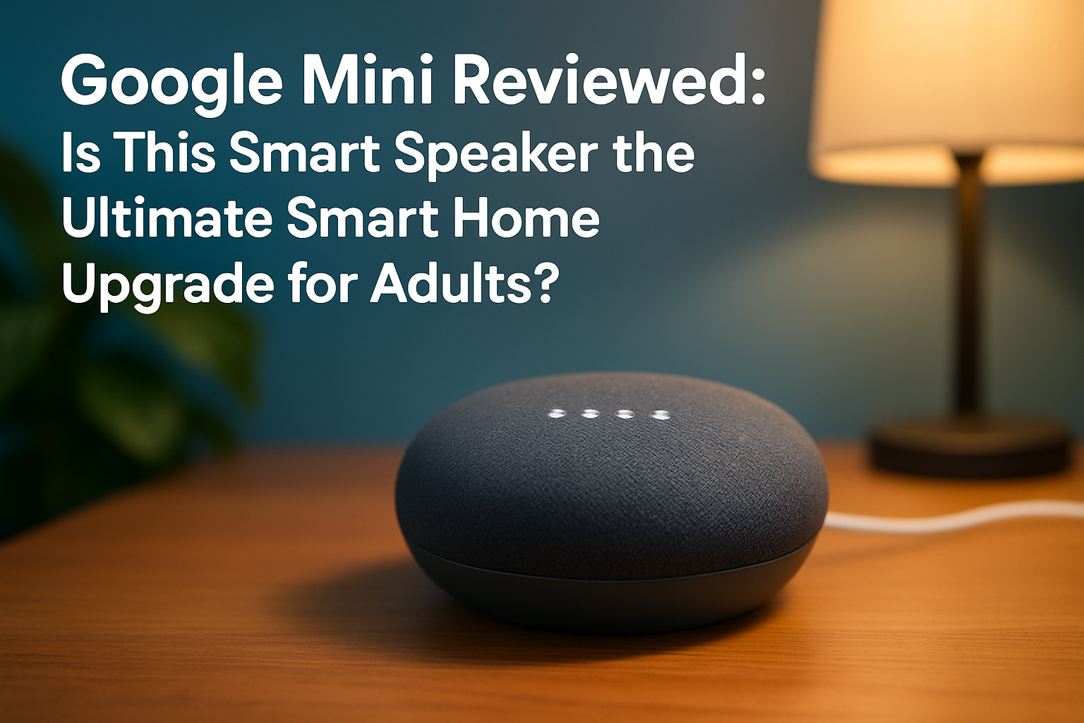 Google Mini smart speaker on wooden table with lamp, featured in review discussing smart home upgrades for adults.