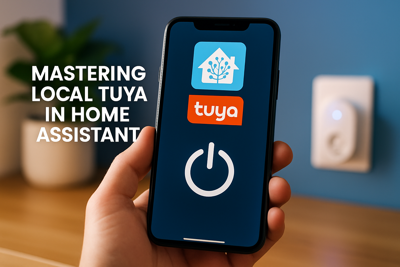 Smartphone displaying Tuya app interface with "Mastering Local Tuya in Home Assistant" text, featuring smart home control icon, against a blurred background of a smart plug.