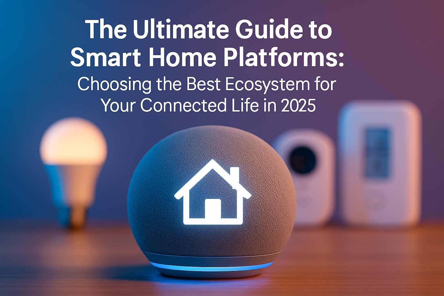 Smart home speaker with house icon, illuminated, alongside smart light bulb and home automation devices, emphasizing the guide to choosing the best smart home ecosystem in 2025.