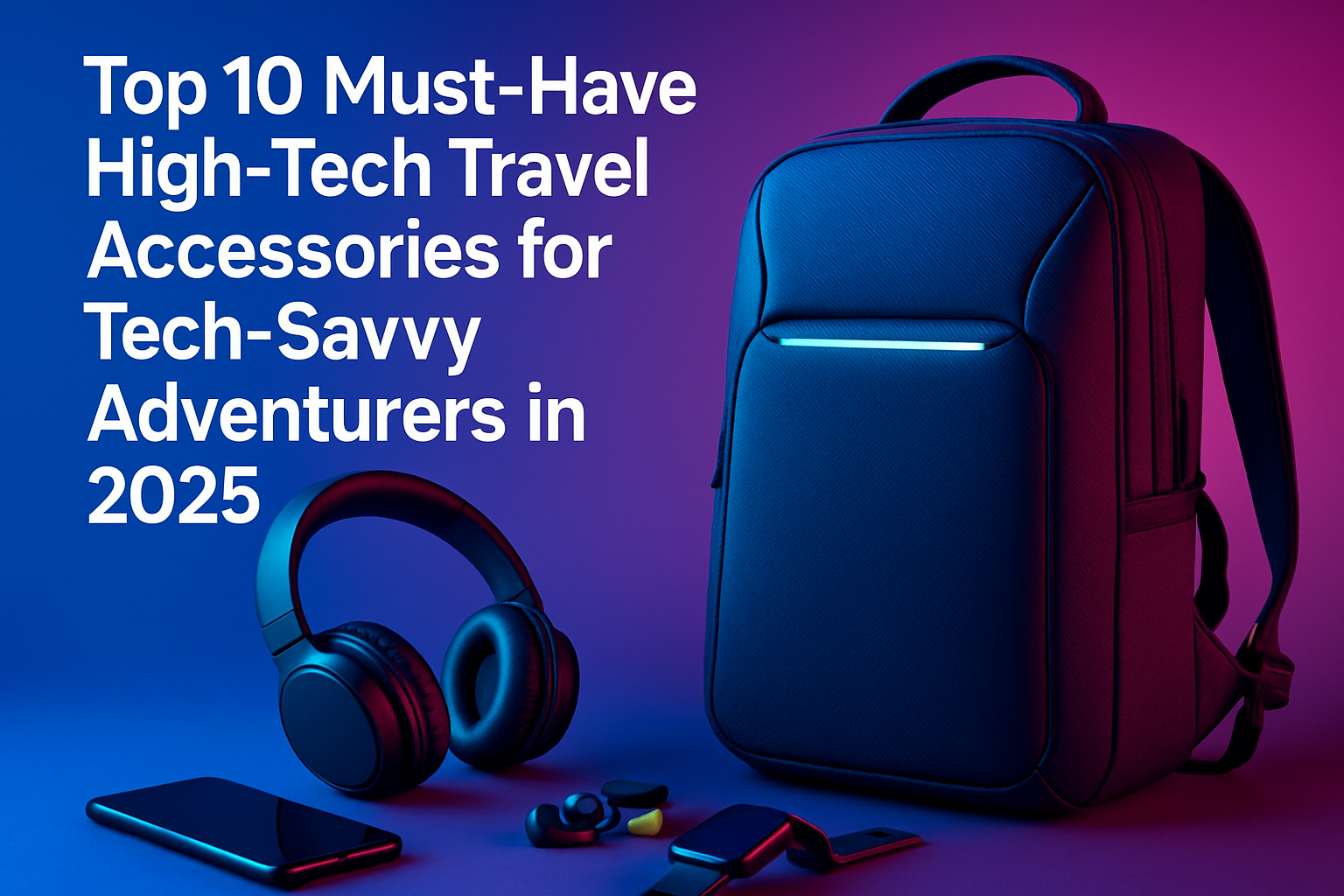 High-tech travel accessories including a sleek backpack, wireless headphones, and a smartphone, emphasizing gadgets for tech-savvy adventurers in 2025.