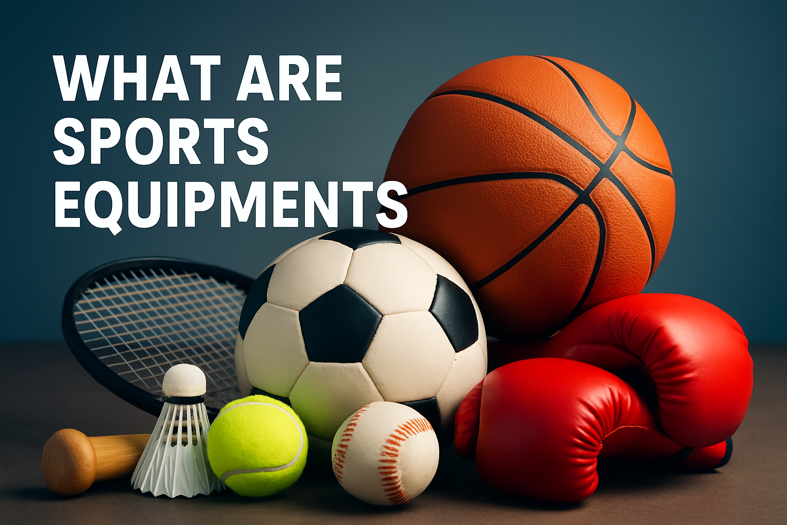 What are sports equipments graphic featuring a basketball, soccer ball, tennis ball, baseball, badminton shuttlecock, boxing gloves, and a tennis racket, illustrating the variety of modern sports gear.