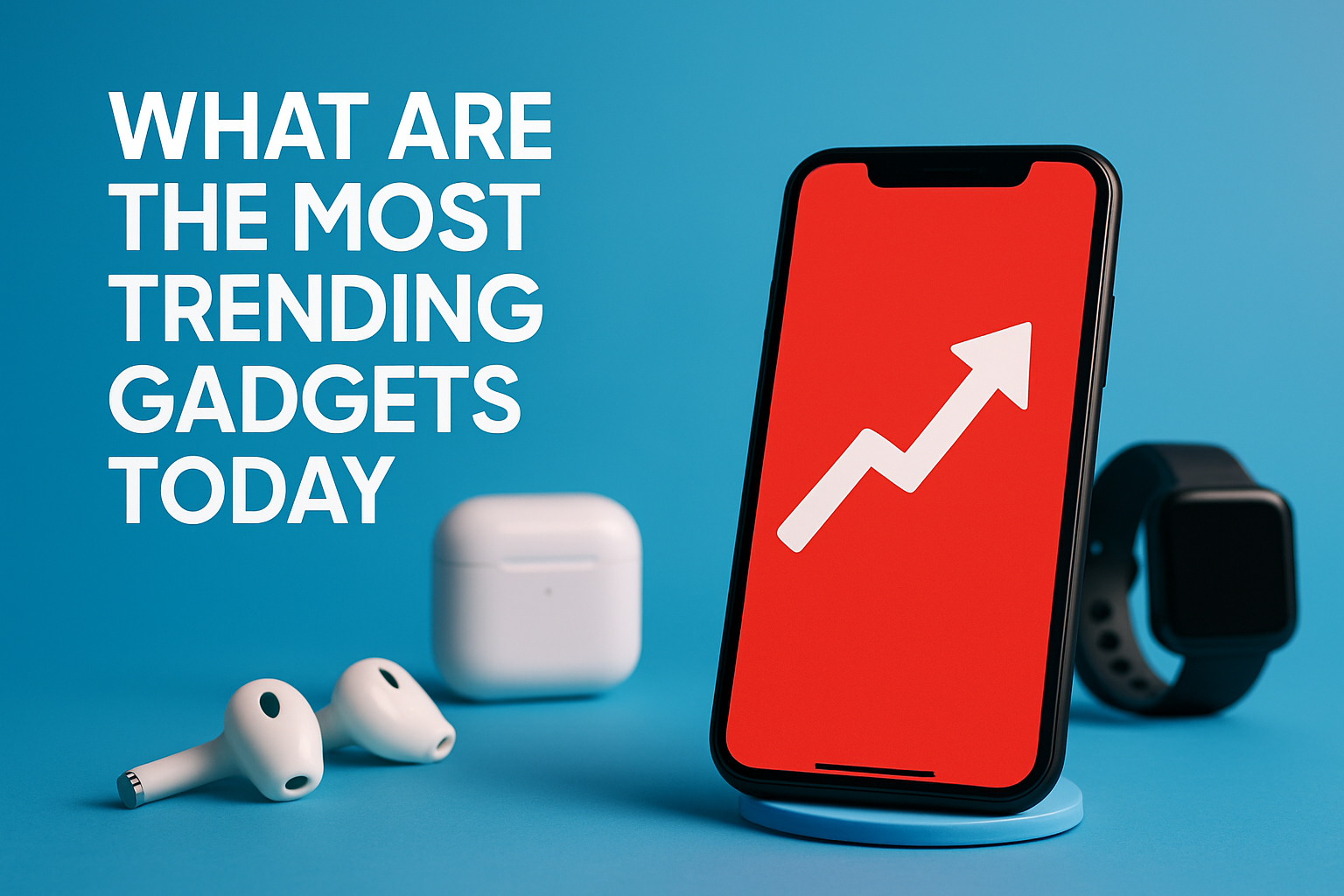 Smartphone displaying upward trend graphic, AirPods, and smartwatch on blue background, representing trending gadgets today.