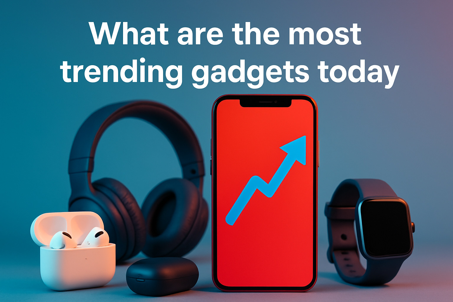 Smartphone displaying upward trend graph alongside wireless earbuds, over-ear headphones, and smartwatch, representing trending gadgets for tech-savvy consumers.
