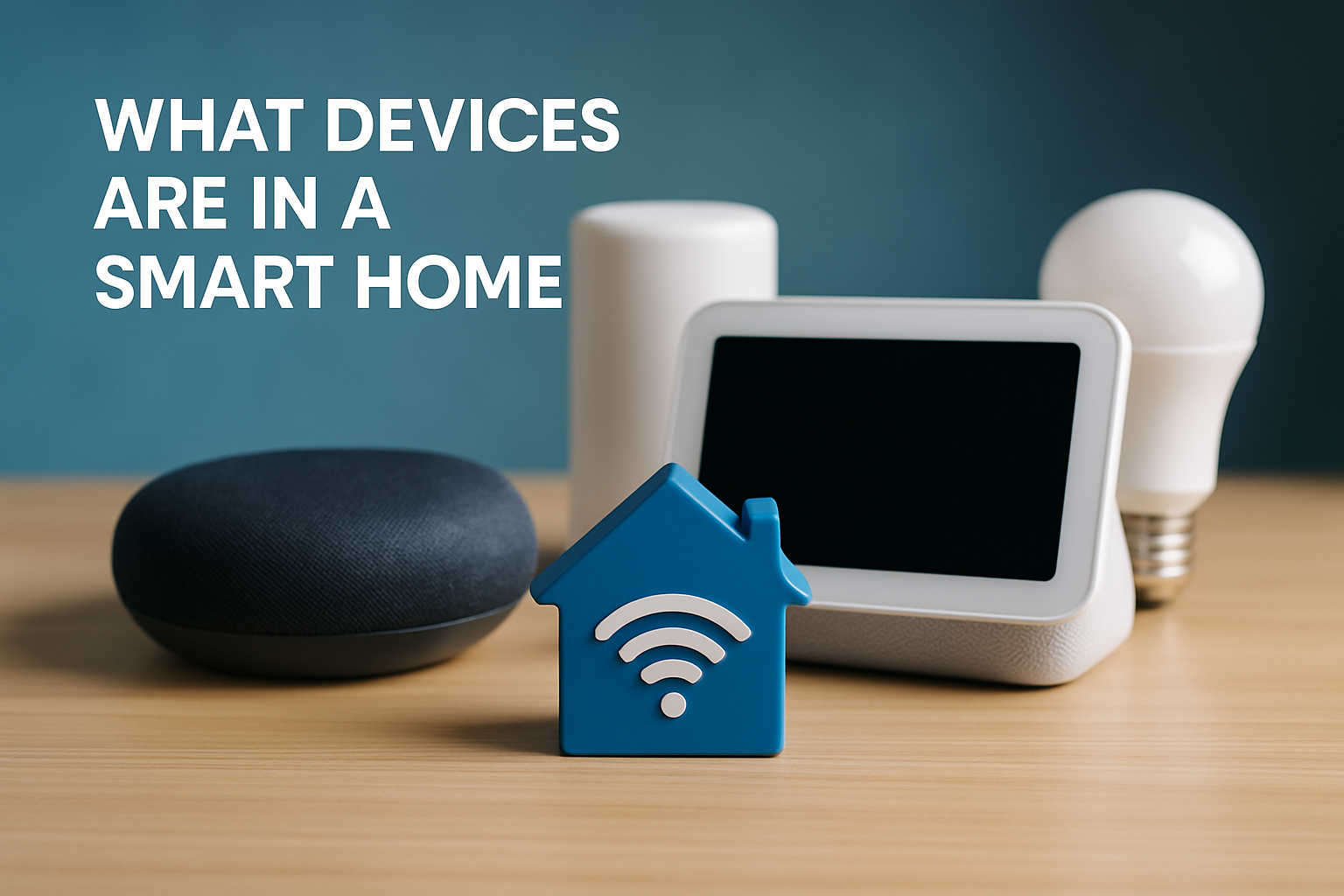 Smart home devices including a smart speaker, a tablet, a smart light bulb, and a Wi-Fi symbol icon representing connectivity and automation.