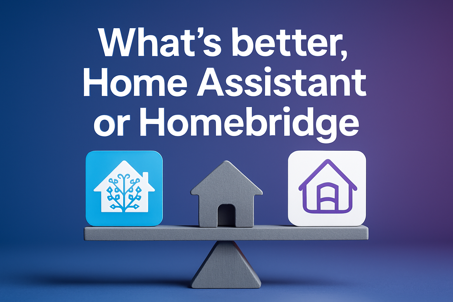 Home Assistant and Homebridge logo comparison on a balance scale, highlighting smart home automation options.
