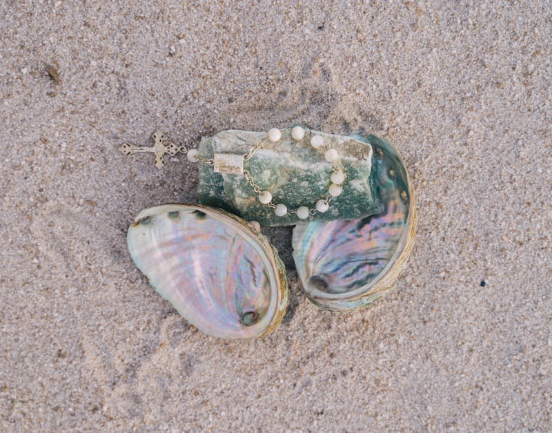 Close-up of a rosary resting inside colorful seashells on sandy beach.