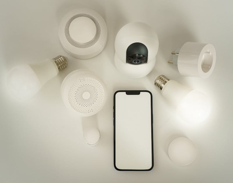 Flat lay of smart home devices with a smartphone controller on a white background.