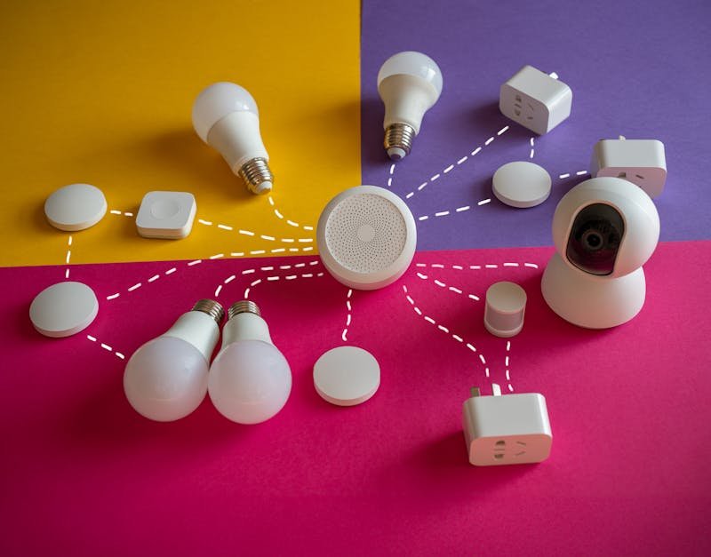 Smart home devices like bulbs and sockets connected on a vibrant backdrop.